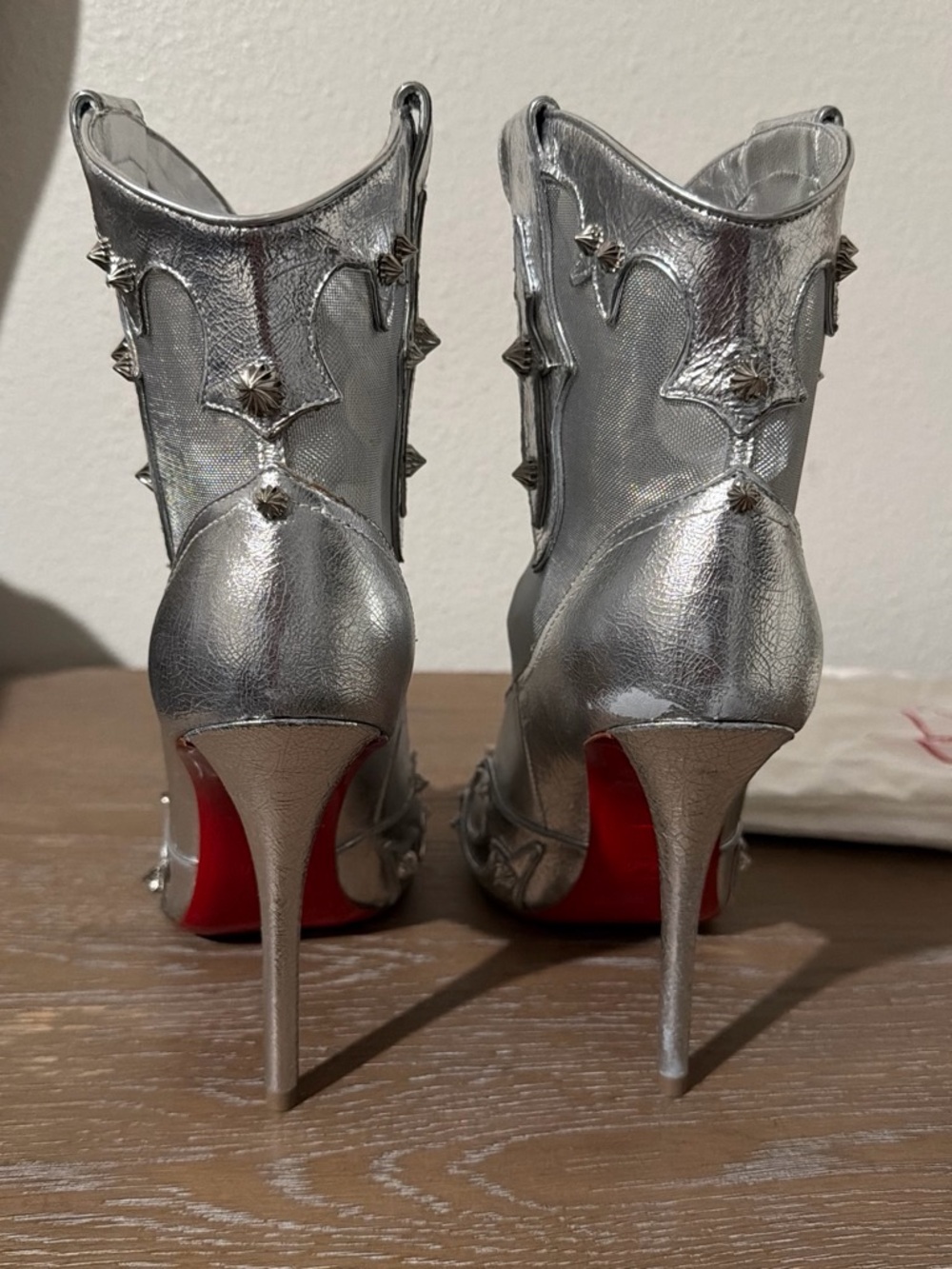 Christian Louboutin Silver Mesh & Stud Ankle Boot with Red Heel - Picture 7 of 11